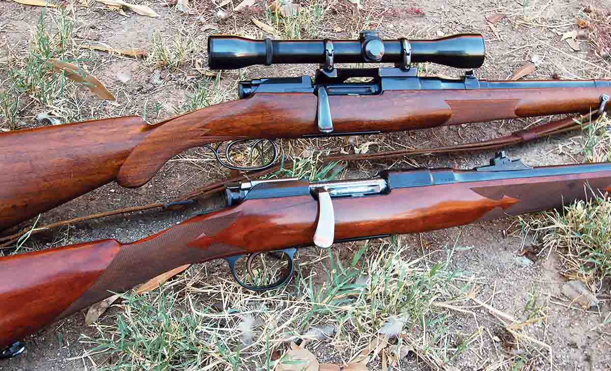 An iconic Mannlicher-Schönauer carbine is shown above a sporterized Greek military rifle. Both are 6.5x54mm M-S.